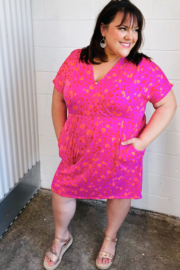 Rose Leopard Surplice V Neck Pocketed Dress - Coeur de la Mode
