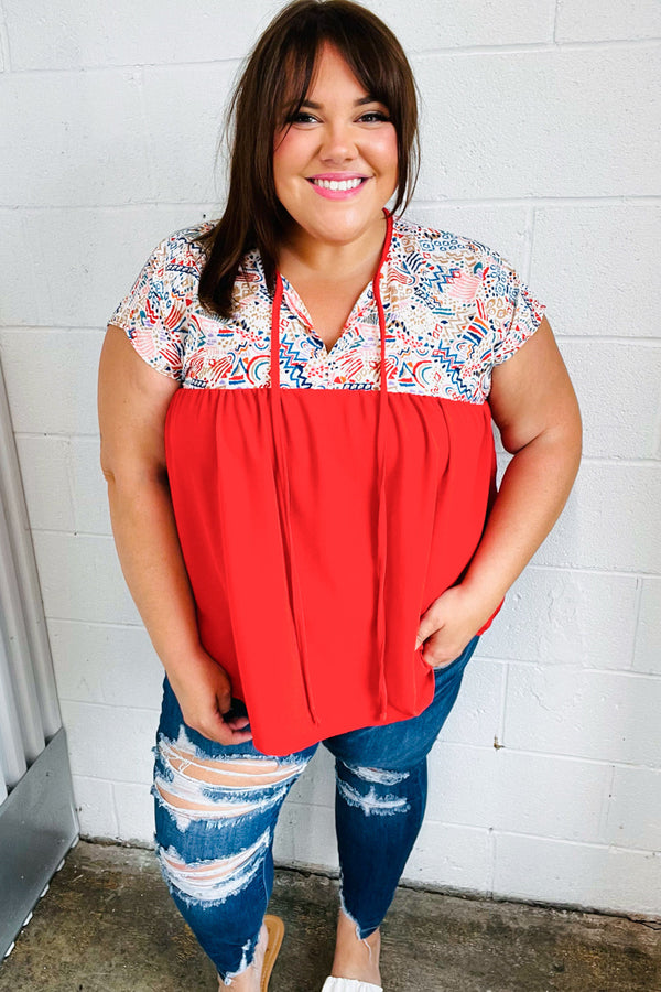 Red Boho Print Tie Neck Dolman Top - Coeur de la Mode