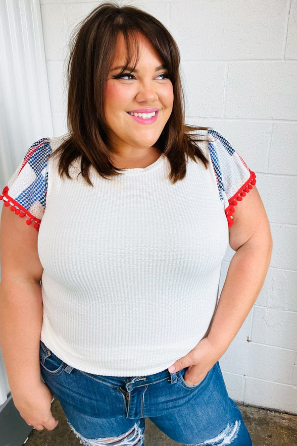 Patriotic Pom Pom Lace Flutter Sleeve Top - Coeur de la Mode