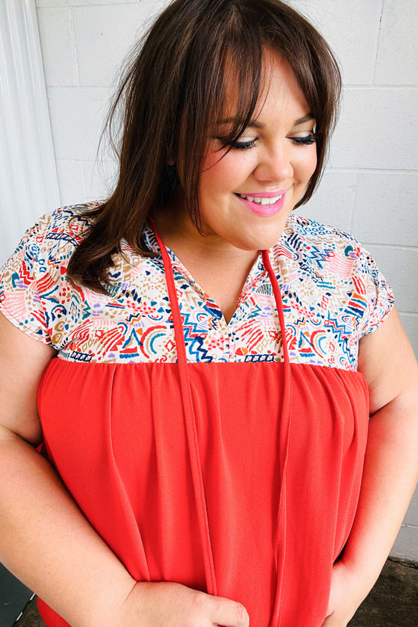 Red Boho Print Tie Neck Dolman Top - Coeur de la Mode