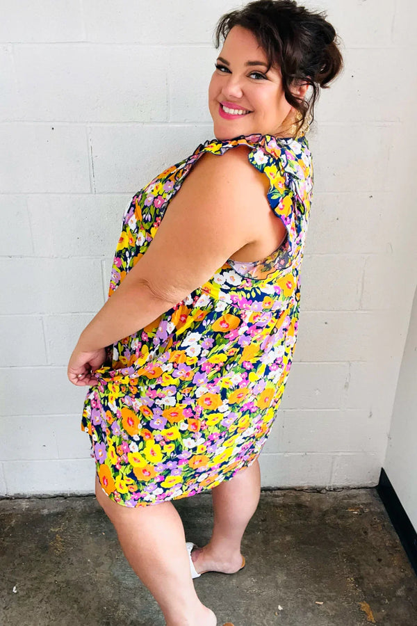 Indigo & Lemon Floral Babydoll Ruffle Dress - Coeur de la Mode