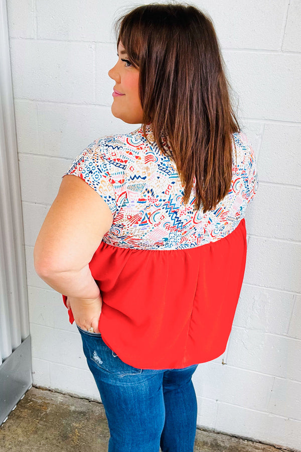 Red Boho Print Tie Neck Dolman Top - Coeur de la Mode