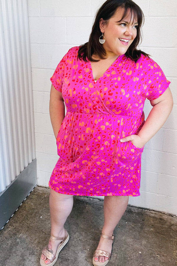Rose Leopard Surplice V Neck Pocketed Dress - Coeur de la Mode