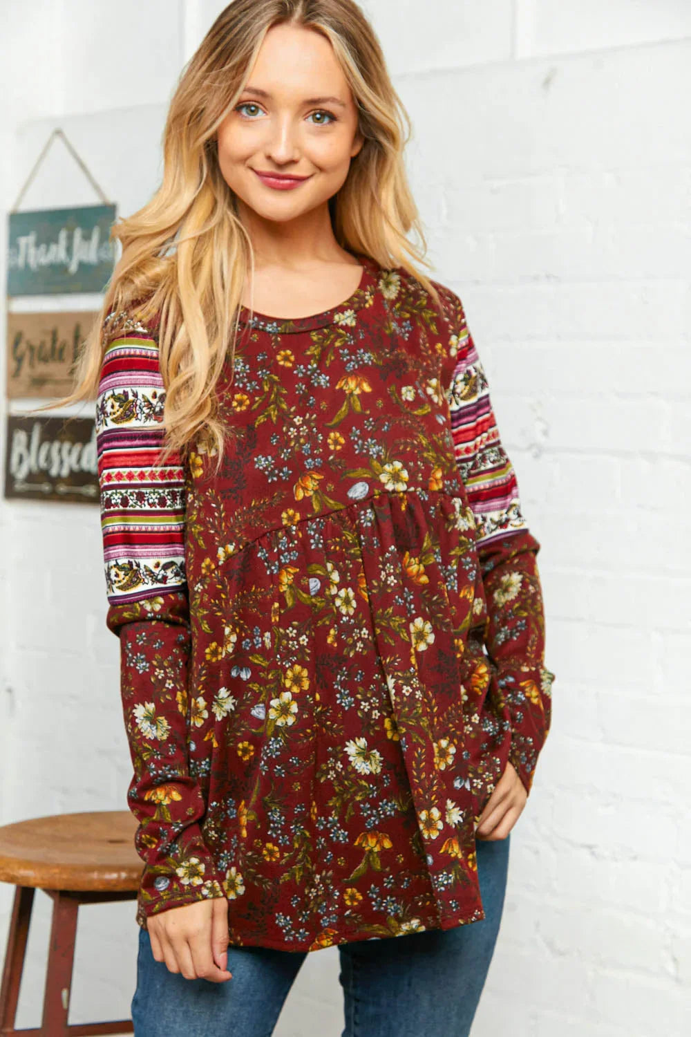 Burgundy Hacci Babydoll Ethnic Sleeve Top - Coeur de la Mode