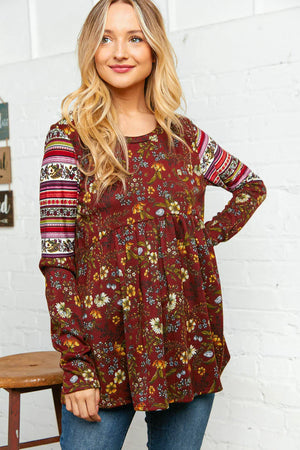Burgundy Hacci Babydoll Ethnic Sleeve Top - Coeur de la Mode