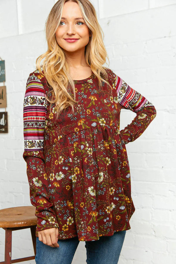 Burgundy Hacci Babydoll Ethnic Sleeve Top - Coeur de la Mode