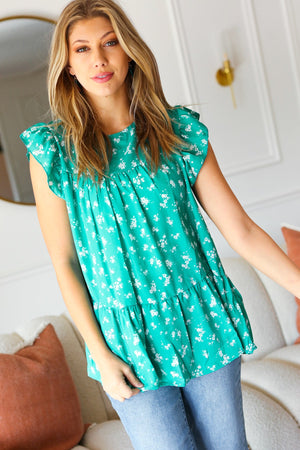 Mint Floral Yoke Flutter Sleeve Keyhole Back Top - Coeur de la Mode