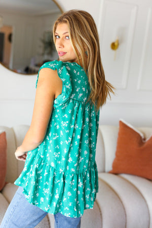 Mint Floral Yoke Flutter Sleeve Keyhole Back Top - Coeur de la Mode