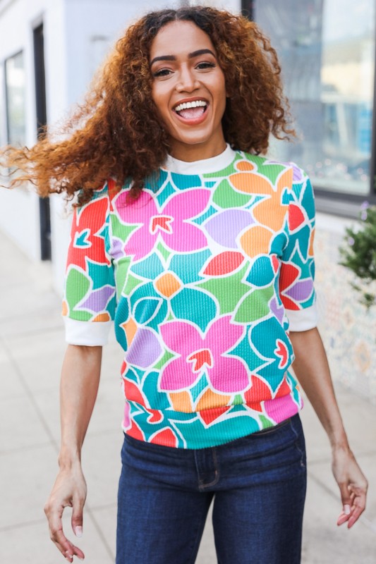 Spring Vibes Multicolor floral Rib Back Bow Tie Detail Top - Coeur de la Mode