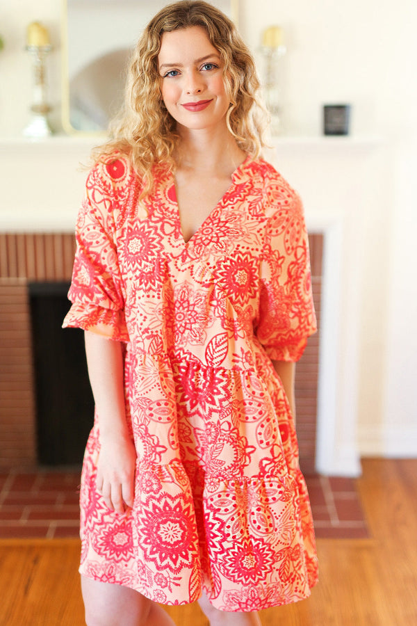 All You Need Peach & Coral Boho Floral V Neck Dress - Coeur de la Mode