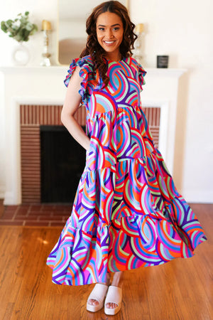 Feel Your Best Purple Abstract Print Smocked Ruffle Sleeve Maxi Dress - Coeur de la Mode