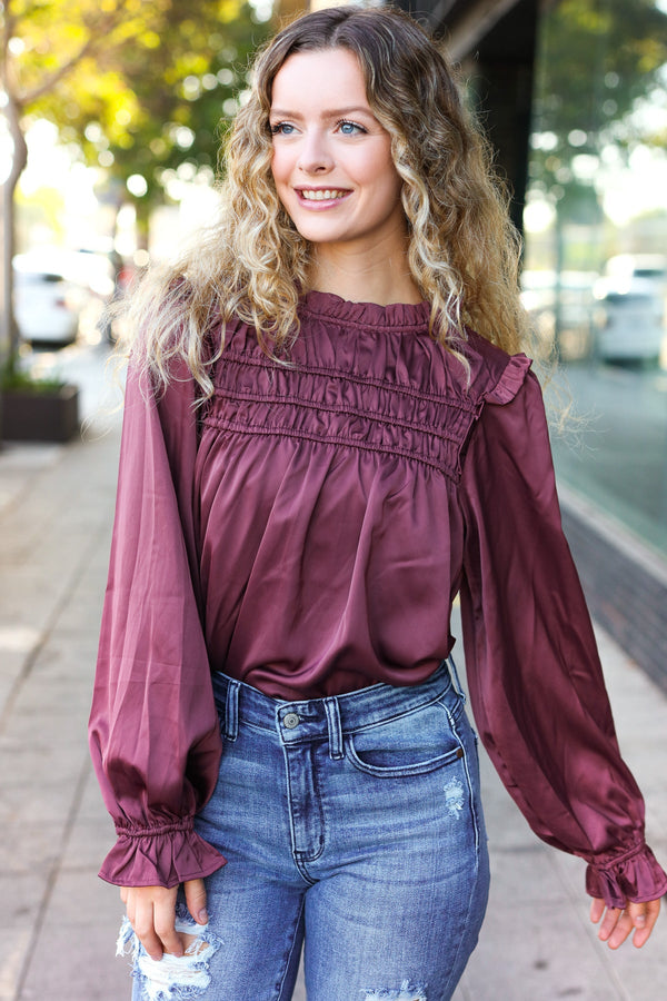 Be Your Best Wine Satin Shirred Yoke Frilled Mock Neck Top - Coeur de la Mode
