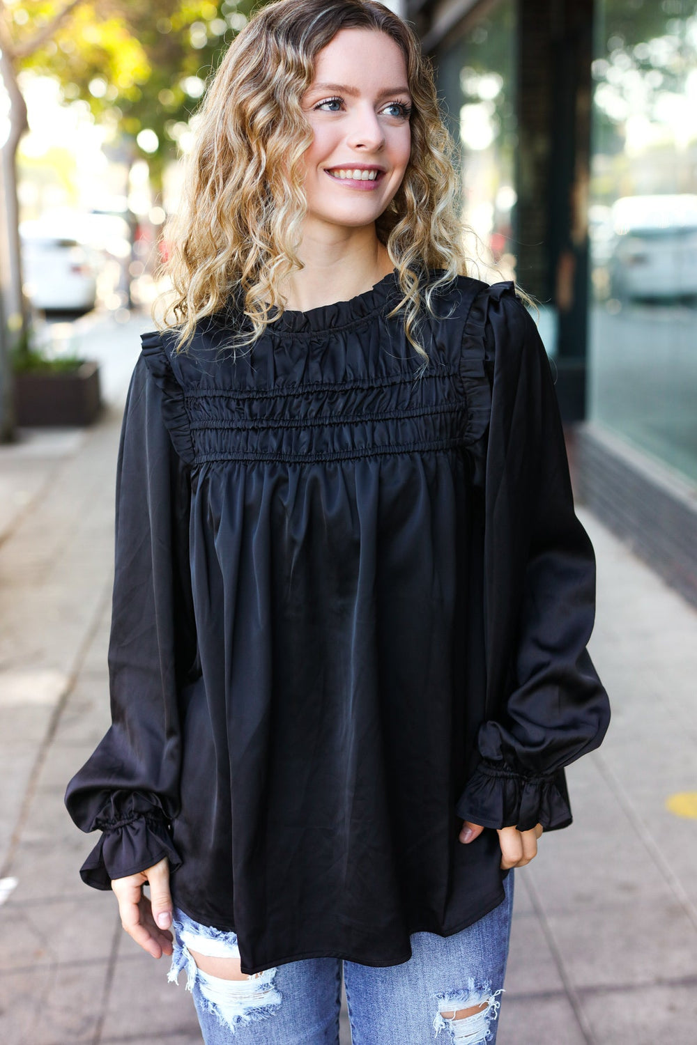 Be Your Best Black Satin Shirred Yoke Frilled Mock Neck Top - Coeur de la Mode