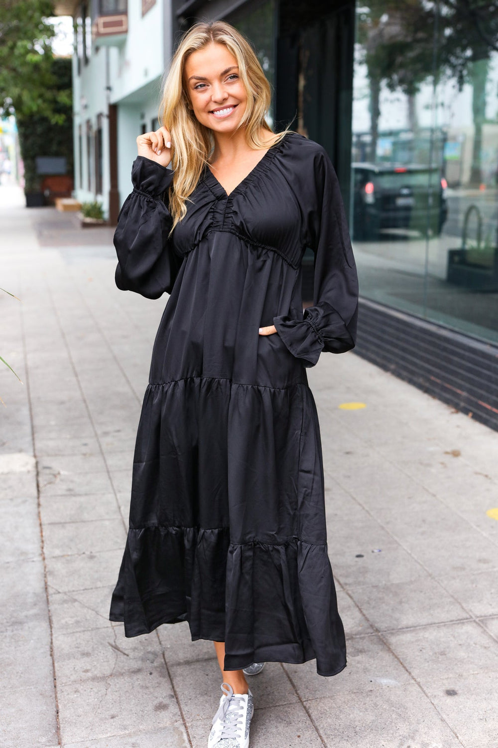 Elegant Black Elastic V Neck Tiered Satin Maxi Dress - Coeur de la Mode
