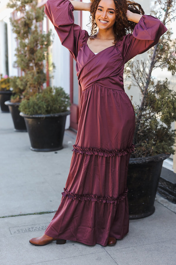 Holiday Vibes Wine Satin Front Overlap Smocked Back Maxi Dress - Coeur de la Mode
