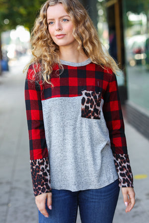 All Of Me Grey & Red Plaid Animal Print Pocketed Top - Coeur de la Mode