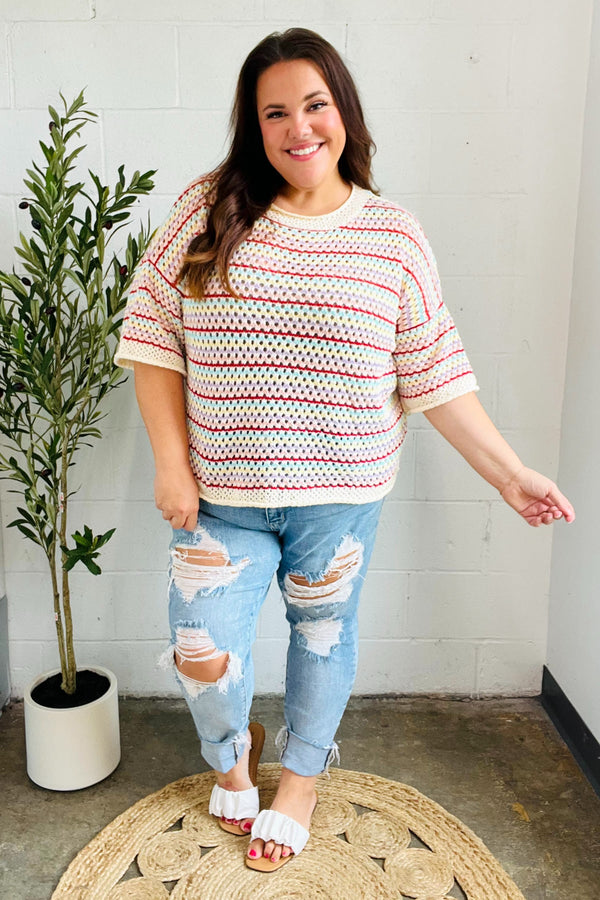 Stand Out Oatmeal & Lavender Stripe Netted Crochet Sweater Top - Coeur de la Mode