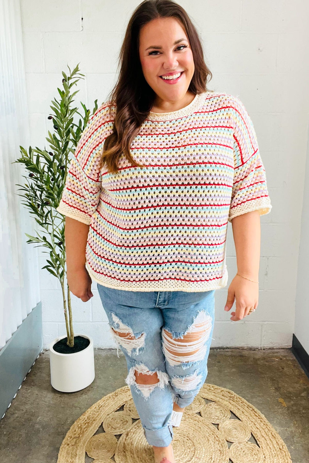 Stand Out Oatmeal & Lavender Stripe Netted Crochet Sweater Top - Coeur de la Mode