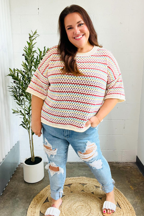 Stand Out Oatmeal & Lavender Stripe Netted Crochet Sweater Top - Coeur de la Mode
