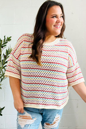 Stand Out Oatmeal & Lavender Stripe Netted Crochet Sweater Top - Coeur de la Mode