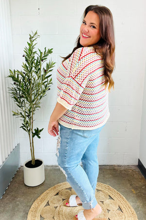 Stand Out Oatmeal & Lavender Stripe Netted Crochet Sweater Top - Coeur de la Mode