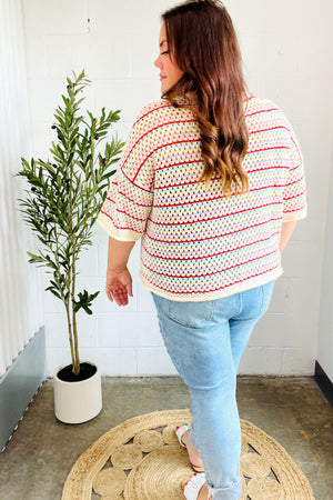 Stand Out Oatmeal & Lavender Stripe Netted Crochet Sweater Top - Coeur de la Mode