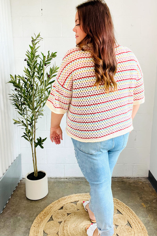 Stand Out Oatmeal & Lavender Stripe Netted Crochet Sweater Top - Coeur de la Mode