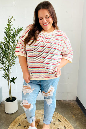 Stand Out Oatmeal & Lavender Stripe Netted Crochet Sweater Top - Coeur de la Mode