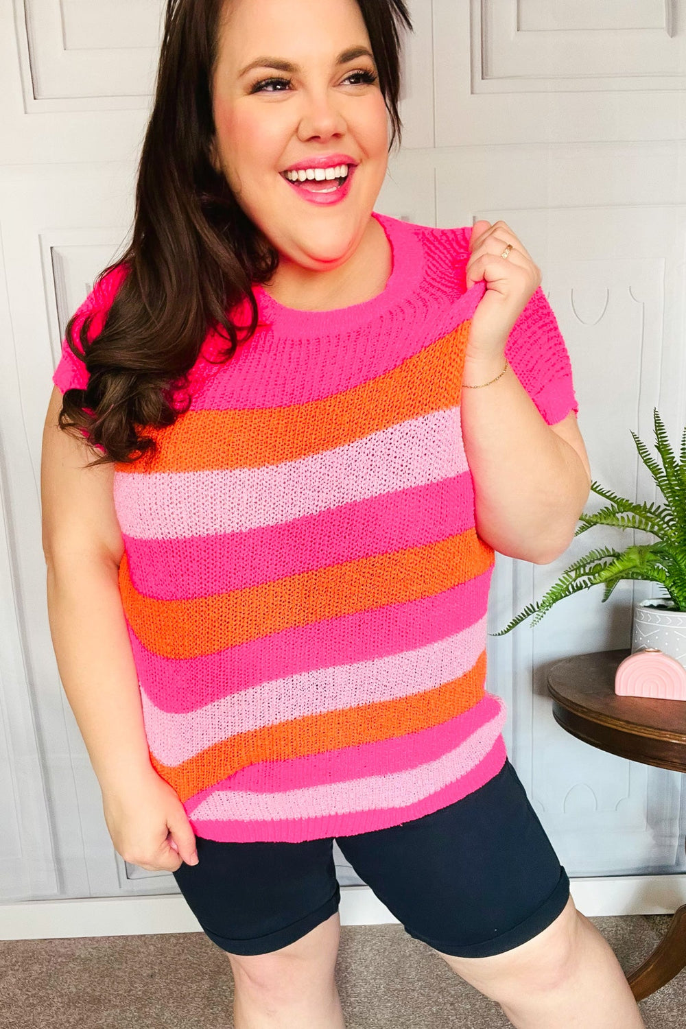 Feeling Bold Fuchsia & Orange Stripe Short Sleeve Dolman Sweater - Coeur de la Mode