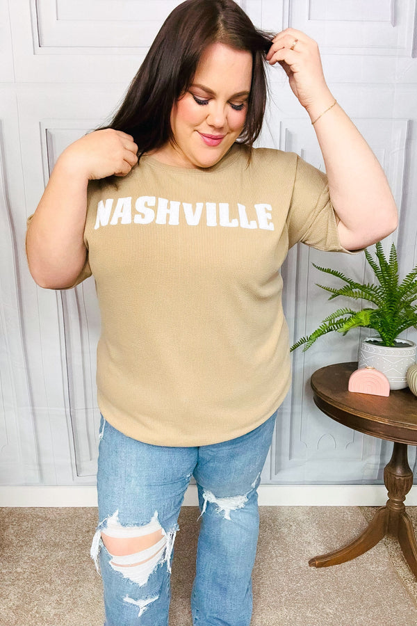 Taupe Pop-Up Embroidered "NASHVILLE" Ribbed Top - Coeur de la Mode