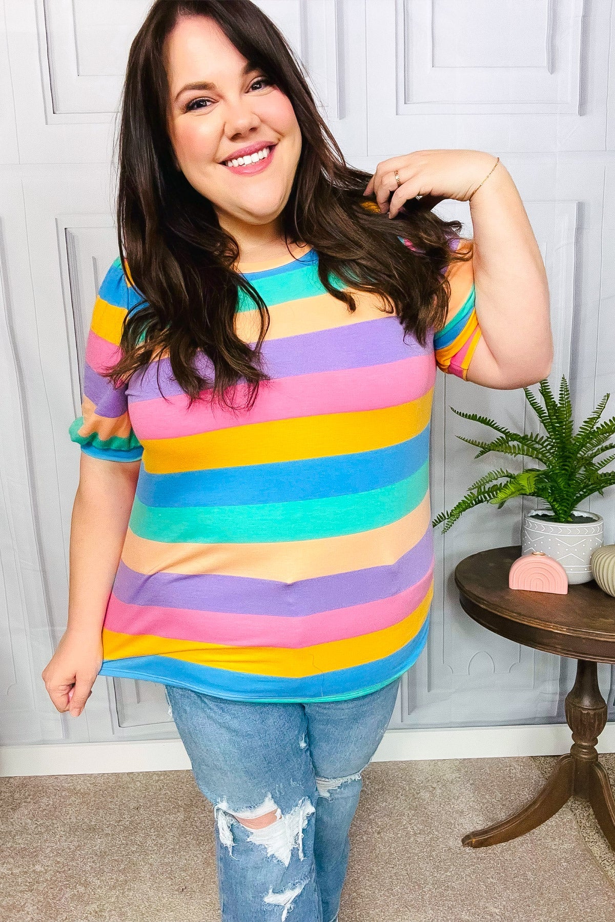 Can't Look Away Multicolor Stripe Bubble Sleeve Terry Top