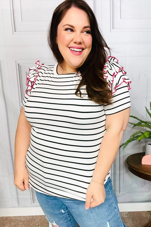 Get To It Ivory & Pink Merrow Stitch Ruffle Sleeve Stripe Top - Coeur de la Mode