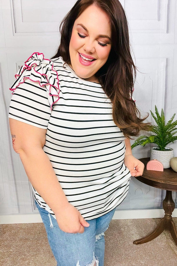 Get To It Ivory & Pink Merrow Stitch Ruffle Sleeve Stripe Top - Coeur de la Mode