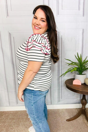 Get To It Ivory & Pink Merrow Stitch Ruffle Sleeve Stripe Top - Coeur de la Mode