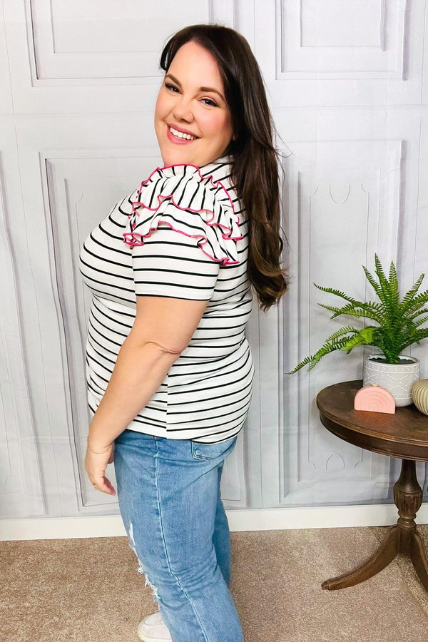 Get To It Ivory & Pink Merrow Stitch Ruffle Sleeve Stripe Top - Coeur de la Mode