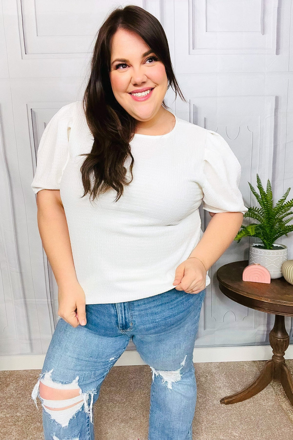 Stand Out White Crinkle Textured Woven Puff Sleeve Top - Coeur de la Mode