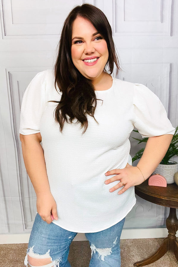 Stand Out White Crinkle Textured Woven Puff Sleeve Top - Coeur de la Mode