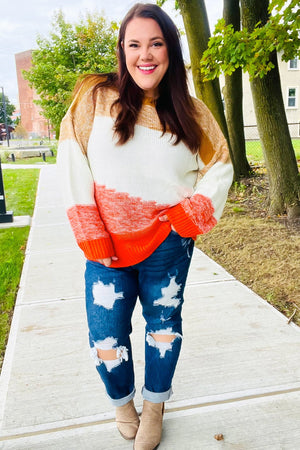 Adorable You Camel & Orange Color Block Sweater - Coeur de la Mode