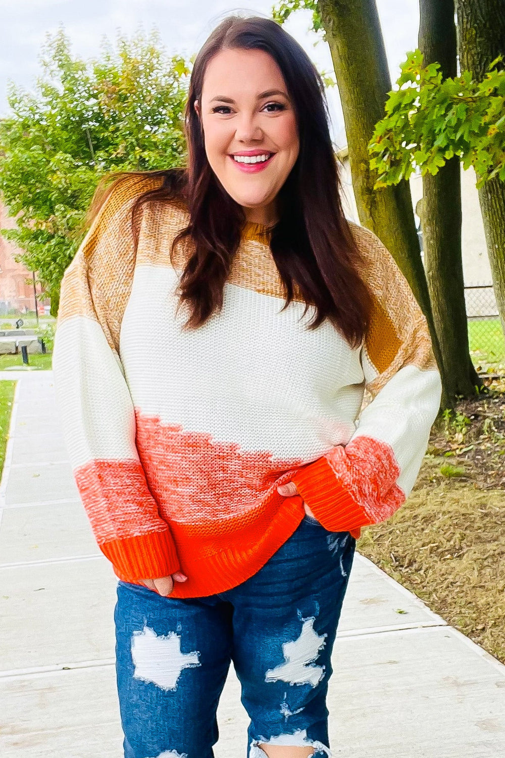 Adorable You Camel & Orange Color Block Sweater - Coeur de la Mode