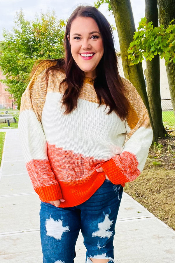 Adorable You Camel & Orange Color Block Sweater - Coeur de la Mode