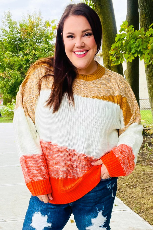 Adorable You Camel & Orange Color Block Sweater - Coeur de la Mode