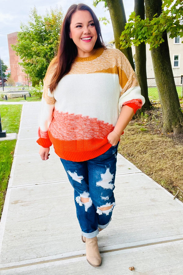 Adorable You Camel & Orange Color Block Sweater - Coeur de la Mode