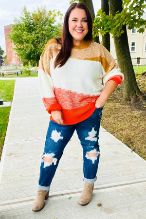 Adorable You Camel & Orange Color Block Sweater - Coeur de la Mode