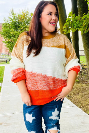 Adorable You Camel & Orange Color Block Sweater - Coeur de la Mode