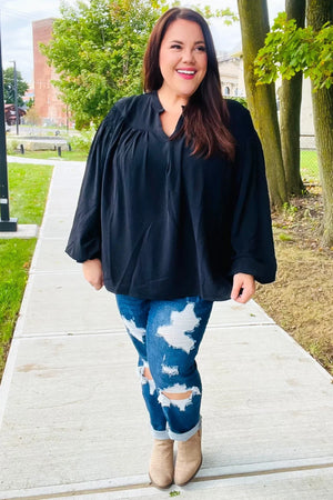 Boho Vibes Black Notched Neck Smocked Bubble Sleeve Top - Coeur de la Mode
