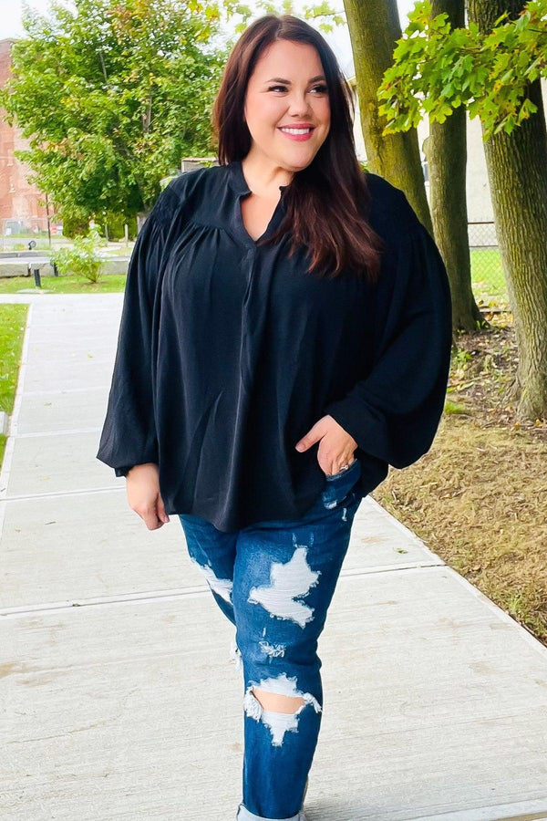 Boho Vibes Black Notched Neck Smocked Bubble Sleeve Top - Coeur de la Mode