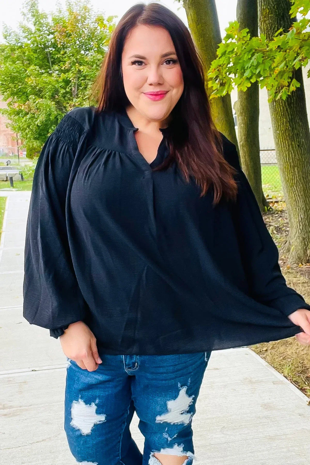 Boho Vibes Black Notched Neck Smocked Bubble Sleeve Top - Coeur de la Mode