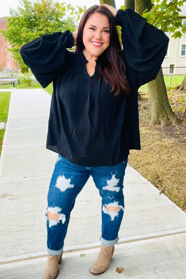 Boho Vibes Black Notched Neck Smocked Bubble Sleeve Top - Coeur de la Mode