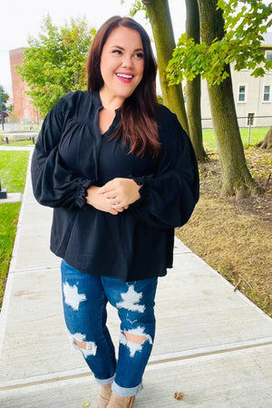 Boho Vibes Black Notched Neck Smocked Bubble Sleeve Top - Coeur de la Mode