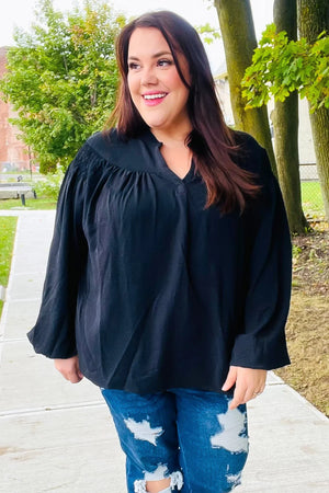 Boho Vibes Black Notched Neck Smocked Bubble Sleeve Top - Coeur de la Mode